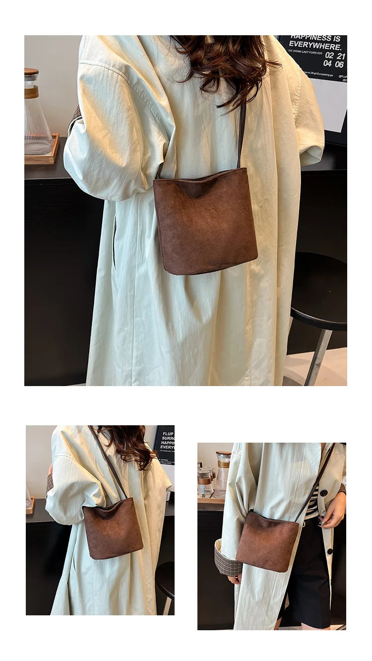 Mini Shoulder Bag Retro Leopard Print Women Crossbody Bucket Bag Fashion Ins Korean Style Faux Suede Fall New Simple Tote Bag