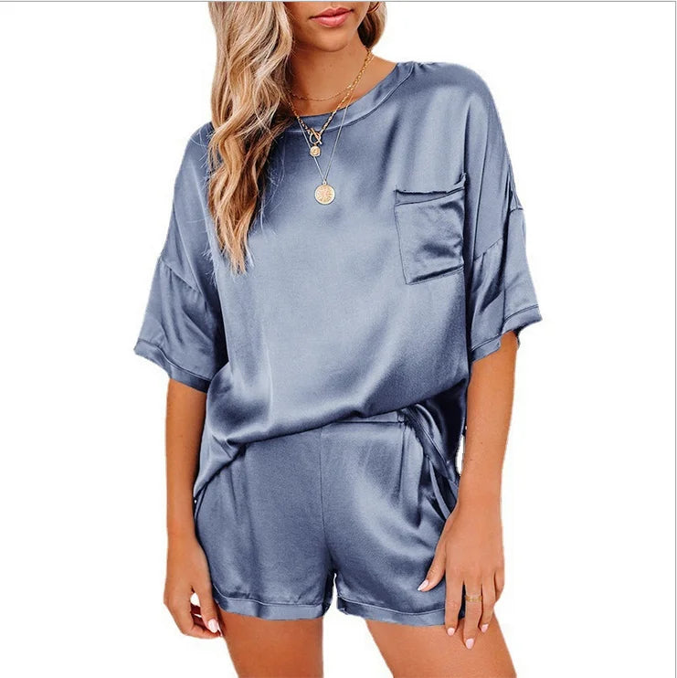2024 European and American Spring New Solid Color Silk Like Pajamas Home Furnishing Short Sleeve Shorts Irregular Two Piece Set