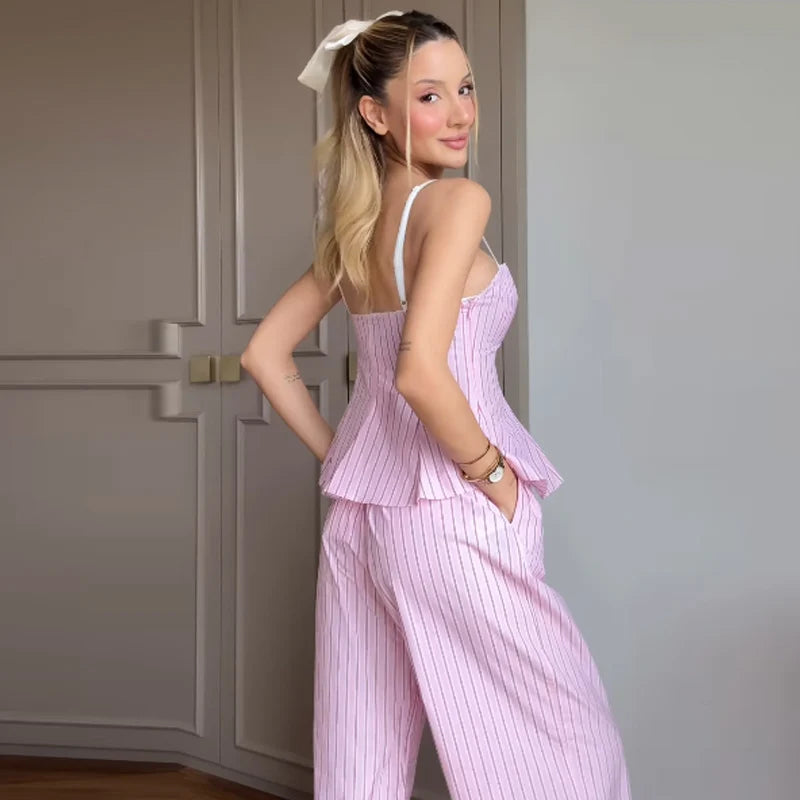 HXAO 2025 Striped Pant Sets Women's Suit Summer Elegant Crop Slip Top Vest 2 Piece Sets Woman Outfit Bow High Waist Trousers Set