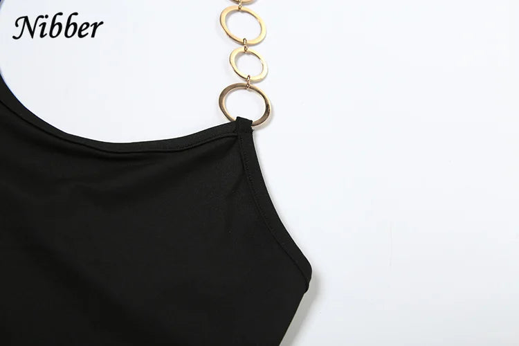 Nibber Metal Buckle 2 Piece Set Women Summer Halter Irregular Classic Tops+Skirts Skinny Solid Midnight Party Matching Suits