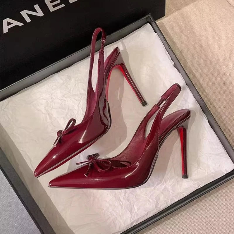 Luxury Patent Leather Women's High Heels 2026 Summer New Style Bow-tie Pointed Toe Sandals Sexy Striptease Party High Heels