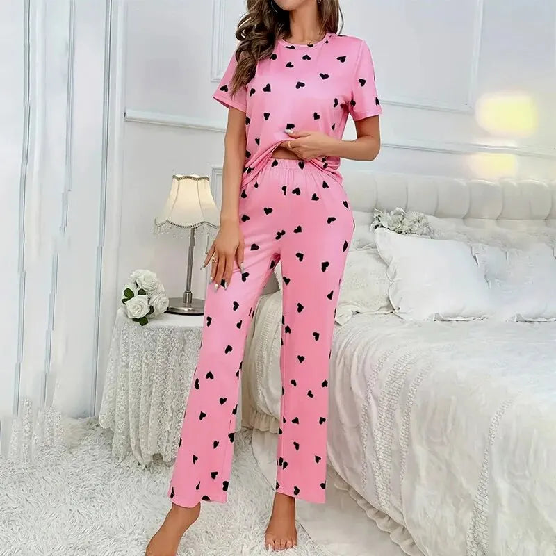 Women Summer Sleepwear Heart Print Pajama Set Short Sleeve Top and Elastic Waistband Pants for Comfortable Sleep and Lounging