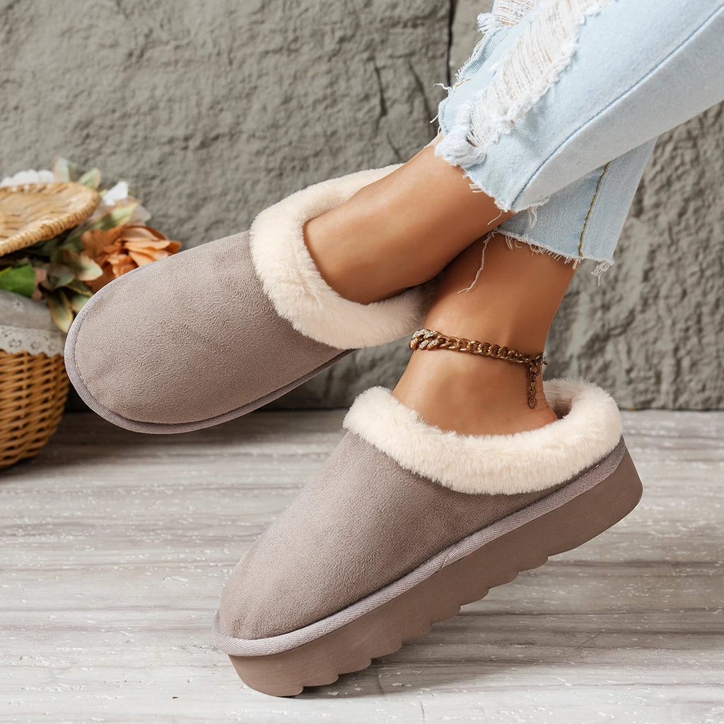 Winter fashion women's fluffy thick-soled casual shoes, thick-soled indoor anti-slip and warm with fur lining