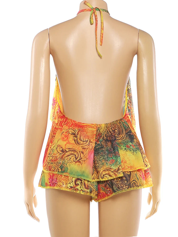 Kliou Colorful Print 2 Piece Set Woman Summer Trend Halter Backless Ruffles Camisole Tops+Elastic Waist Shorts Beach Style Suits