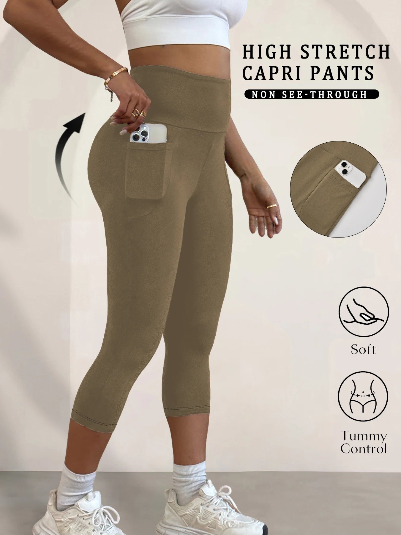 Super Soft Pants for Women High Waisted Capri with Pockets Tummy Control No See Through Running