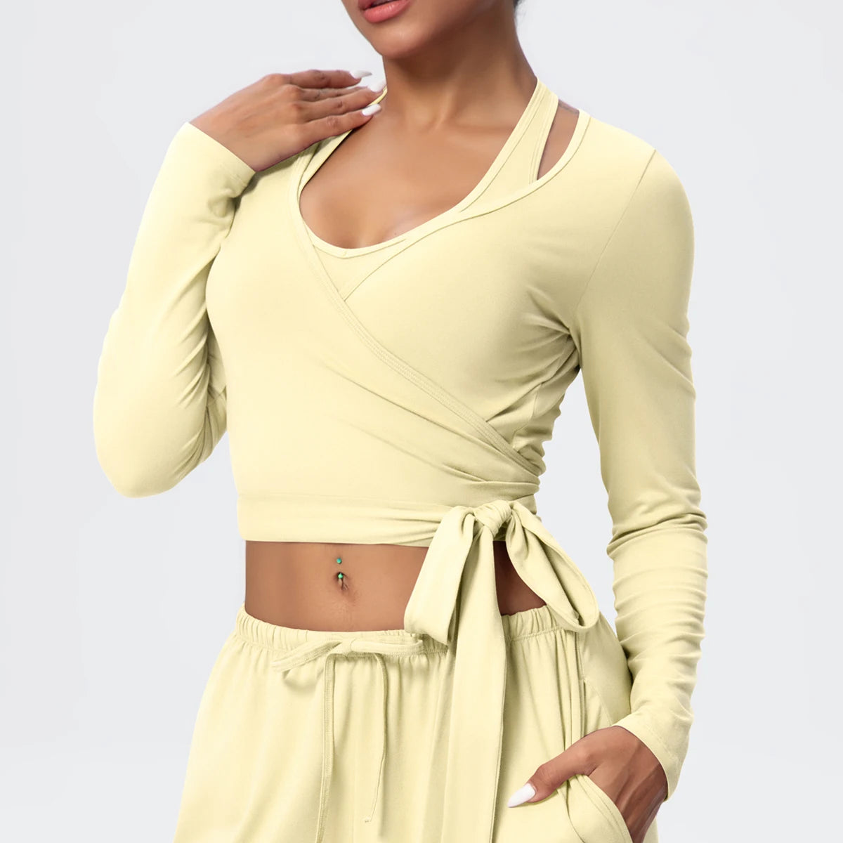 Women Slim Breathable Sports Top Women Active Wear Sports Yoga Long Sleeved Solid Color Running Shirts Straps Design Yoga Top