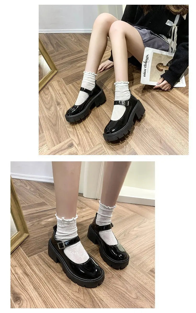 Lolita Shoes Japanese Girl Platform Black high heels fashion Round Toe Mary Jane Women Patent faux Leather Student Cosplay Shoes