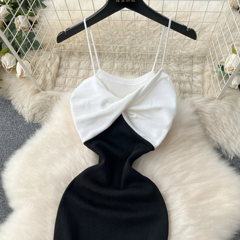Patchwork Chic Sexy Wrap Hips Mini Dress Women Y2K Elastic Knitted Bodycon Summer Dress Streetwear Ladies Outfits Sundress