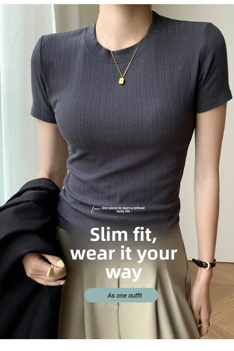 Summer New Women's Crewneck T-shirt Knitted Short-sleeved Top Casual All-match T-shirt Striped Base Shirt Slim-fit Breathable