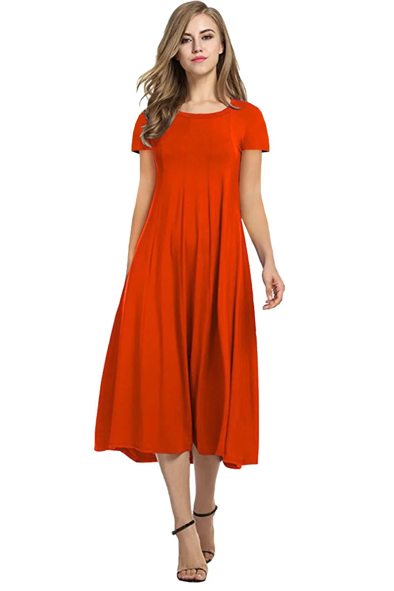 2024 Summer Women's Top Selling Round Neck Short Sleeve Solid Color Flare Dress