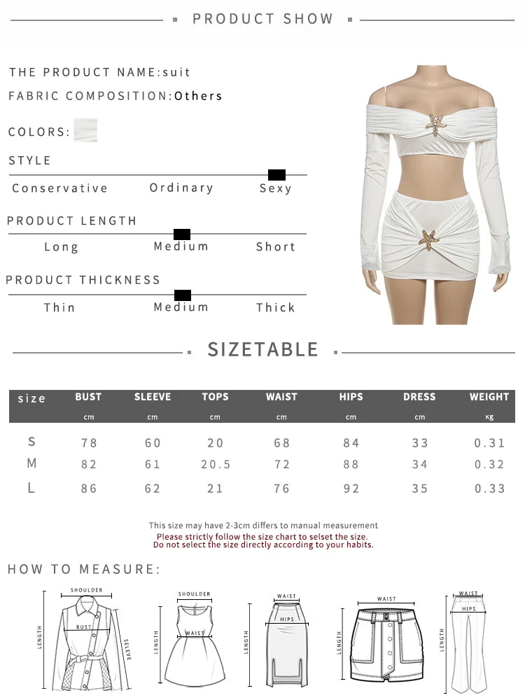 Nibber Hipster Metal Starfish Decoration 2 Piece Set Women Slash Neck Backless Crop Tops+Ruched Mini Skirt Street Elegant Suit