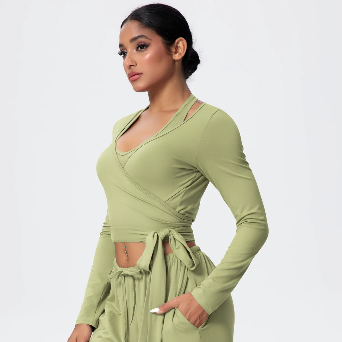 Women Slim Breathable Sports Top Women Active Wear Sports Yoga Long Sleeved Solid Color Running Shirts Straps Design Yoga Top