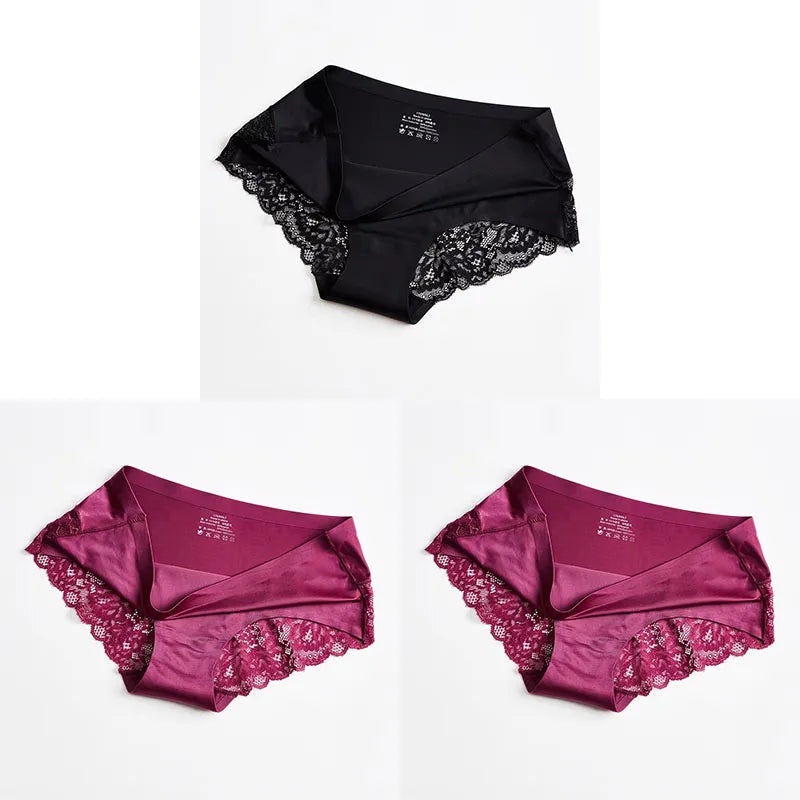 1/3PCS/Set Women's Panties Lace Underwear Sexy Lingerie Ice Silk Briefs Soft Seamless Underpants
