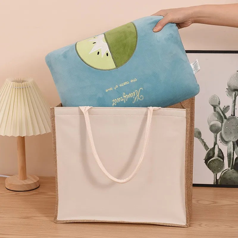Retro single-shoulder linen bag for shopping as a gift. Yellow linen bag with printed pattern. Hand-held linen bag.