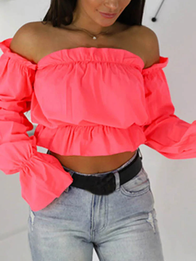 Candy Color Off Shoulder Crop Tops women Summer dot print lantern sleeve shirts Lady Sexy Slash neck beach blouse