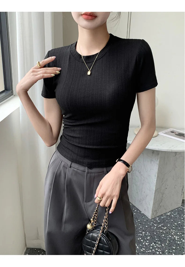 Summer New Women's Crewneck T-shirt Knitted Short-sleeved Top Casual All-match T-shirt Striped Base Shirt Slim-fit Breathable