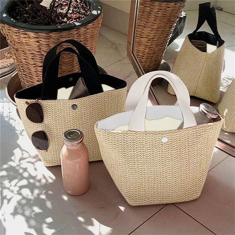 Trendy Straw Handbag Women's Woven Beach Bag Casual Snap Button Satchel Bag Small Braided Shoulder Bag For Travel Beach Trip