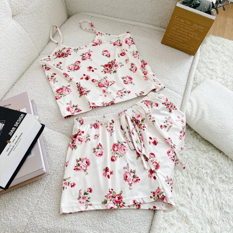 Summer Printed Cami Sleeveless Top and Shorts Pajama Sets For Women Sexy Leisure Adjustable Belt Loungewear Female Soft Pajama