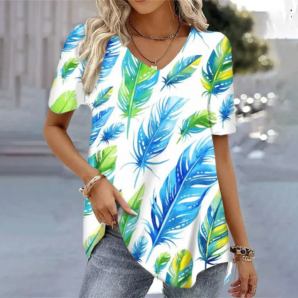 3D Butterfly Printed Short Sleeve T-shirt Korean Style Women's Clothes 2024 V-neck Short Sleeves Tees Shirt Loose Casual Blouses