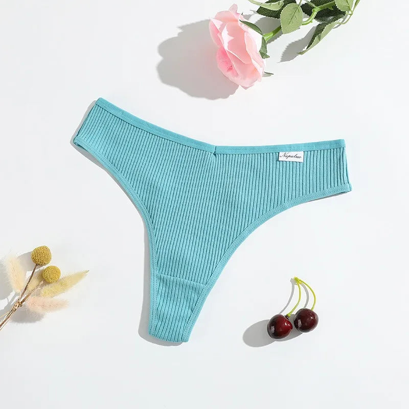 6Pcs/Set Women Cotton Thongs Female Ribbed Panties Low Rise G-String Sexy Underwear Solid Color Bikini Soft S-XL Intimates