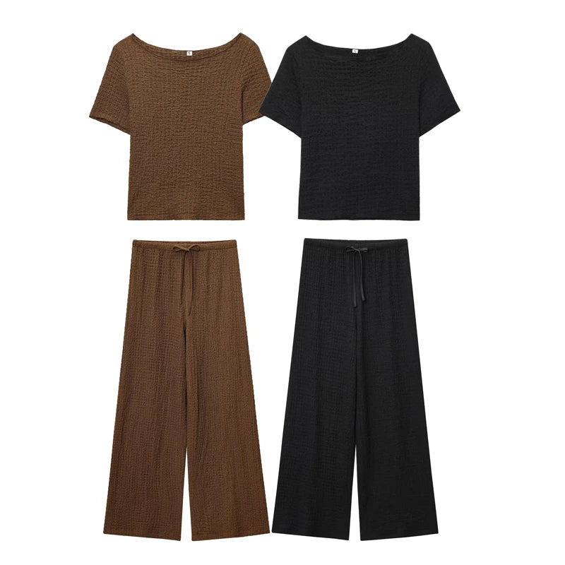 MUJER Women's Pants Sets Summer Outfit Wide Leg Pants Sets for Women 2 Pieces Short Sleeve Crop Top Woman Holiday Trousers Suits