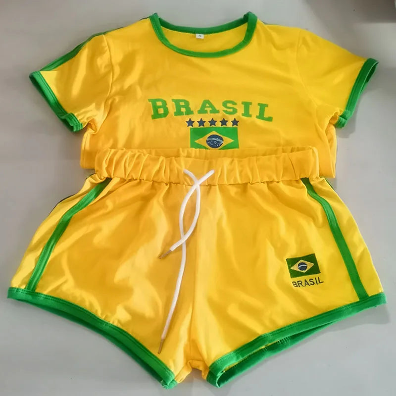 2000s Aesthetic BRASIL Letter Print T-Shirt Shorts Suit Women Vintage Grunge Short Sleeve Baby Tees Summer Crop Top Y2k Clothes