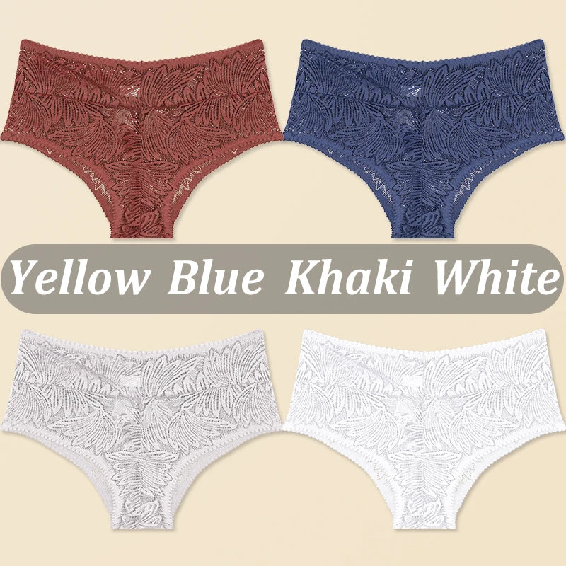 FINETOO 4PCS Floral Lace Thongs Sexy Perspective G-String Mid Waist T-back Female Breathable Intimates Brazilian Underwears