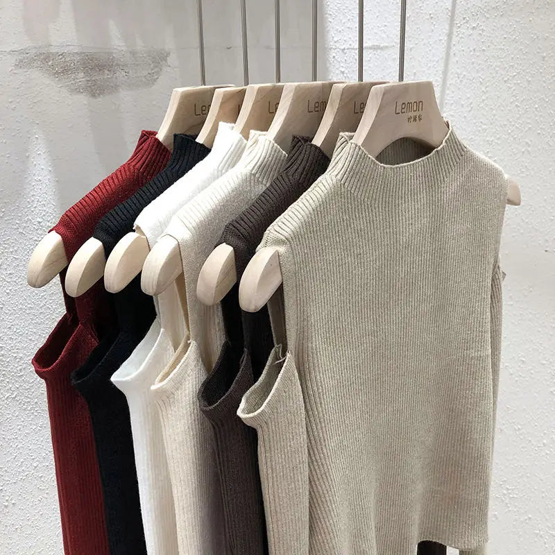 Knitted Sweater Women Pullovers New Long Sleeve Stand Collar Off-shoulder Knit Sweater Pullover Women Tops Sueters De Mujer Q781