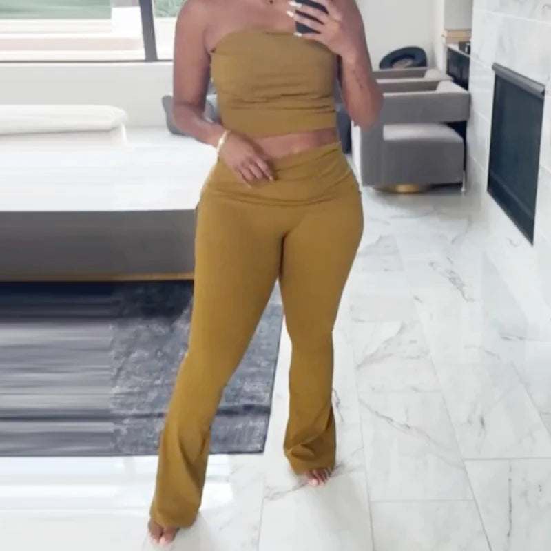 HXAO Olive Green Slim Pant Sets Women's Two Pieces Set Crop Off Shoulder Ruffled Tube Top Outfits Mid Waist Flares Trousers Sets
