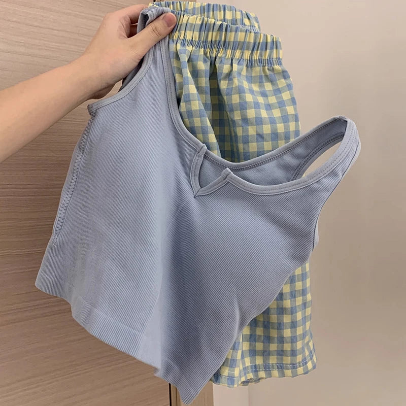 Korean Style Sexy Cute Little Emerald Flower Vest Women's Home Clothes With Chest Cushion Comfortable Cotton Pajamas Set