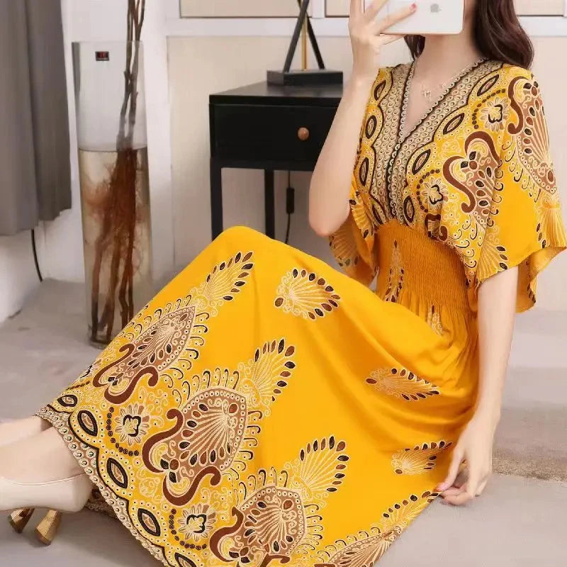 Colorful Flower V-neck Elastic Youthful Bohemian Sweet Midi Dress Woman Clothes Chic Fashion Summer Dresses 2025 Large Swing Ski
