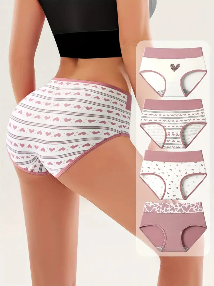 4Pcs/Set Women's Cotton Panties High Waist Printed Slim Briefs Breathable Underwear Soft Pantys Plus Size Sexy Ladies Lingerie