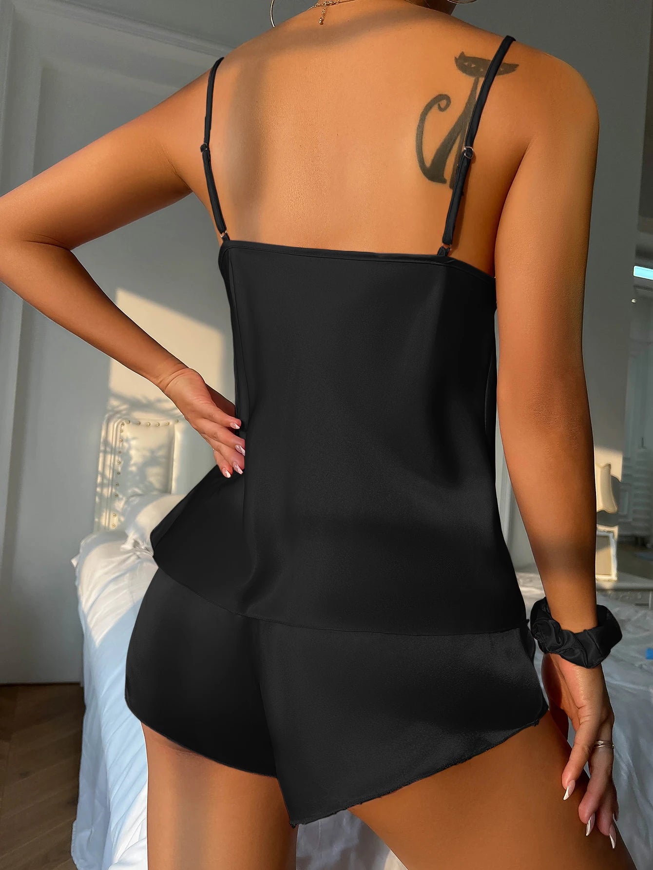 Solid Satin Pajama Set V Neck Cami Top Elastic Waistband Shorts Women's Sleepwear Loungewear