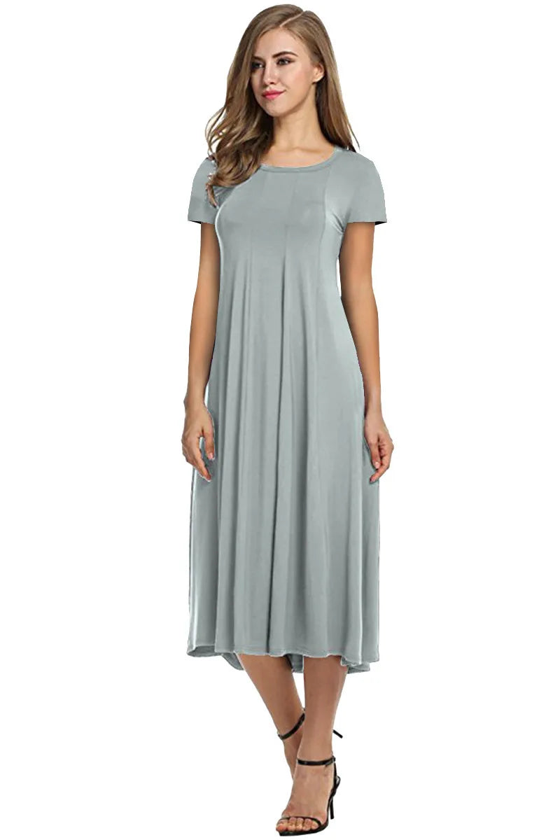 2024 Summer Women's Top Selling Round Neck Short Sleeve Solid Color Flare Dress