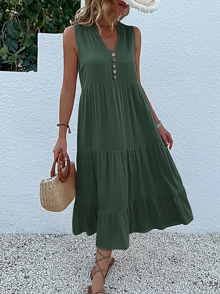 Casual Summer Midi Dress Women Sleeveless Tank V Neck Buttons Ruffle Loose Dresses Beach Soild Sundress Fashion