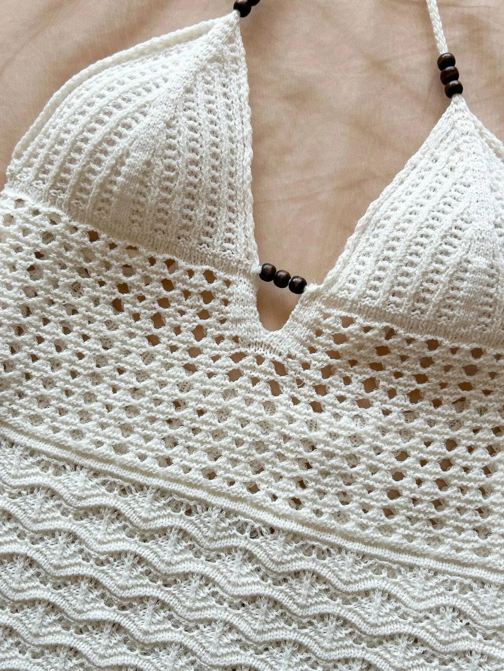 Summer sexy V-neck hollowed out wooden bead slim fit dress with vacation straps and strapless gradient color knitted dress
