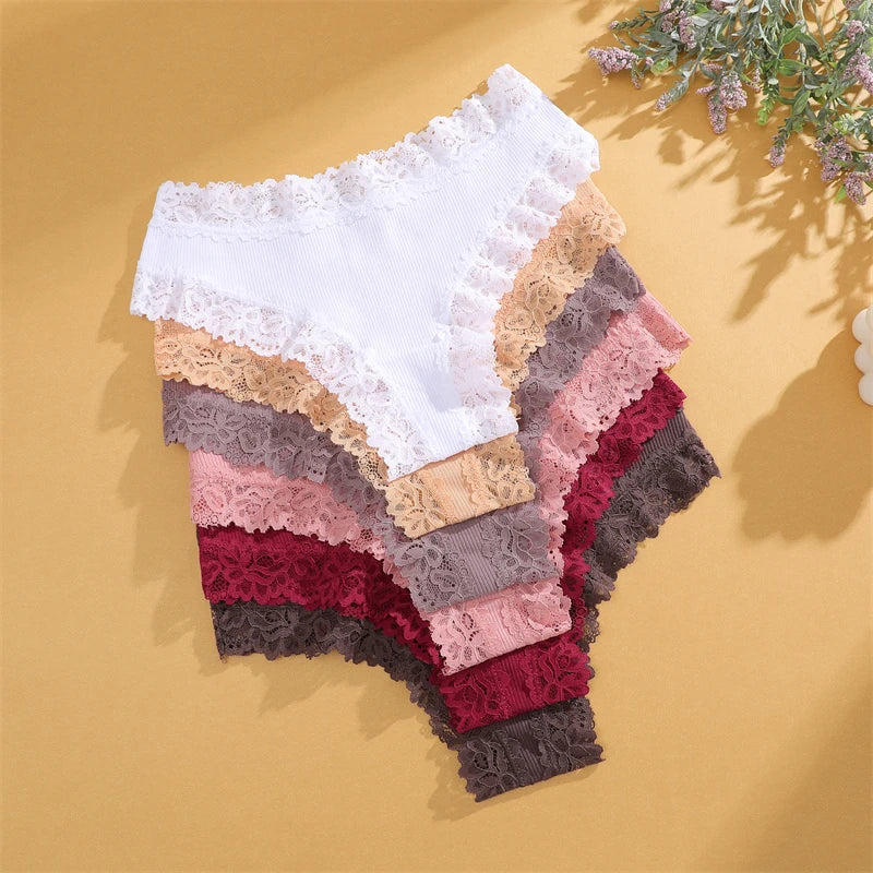4PCS/Set Cotton Floral Lace Underpants for Women Sexy Striped Low-Waist Panties Girls Comfortable Briefs Trendy T-back Lingerie