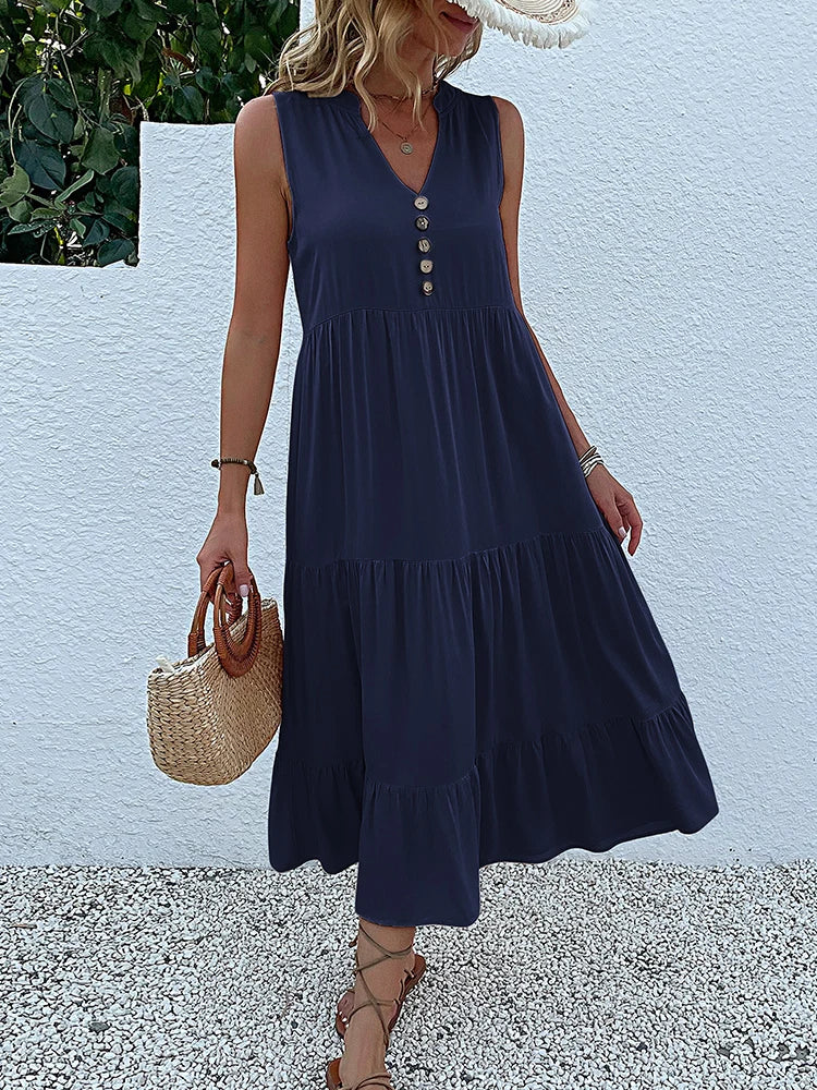 Casual Summer Midi Dress Women Sleeveless Tank V Neck Buttons Ruffle Loose Dresses Beach Soild Sundress Fashion
