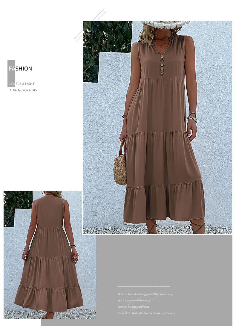 Casual Summer Midi Dress Women Sleeveless Tank V Neck Buttons Ruffle Loose Dresses Beach Soild Sundress Fashion