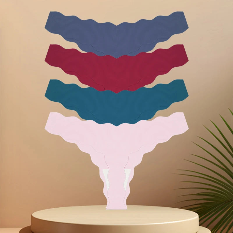 4Pcs Seamless Invisible Thongs Underwear for Women Low Waist Sexy Wave Belt T-Back Breathable Stretchy G-String Panties Lingerie