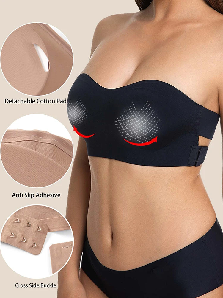 Female Removable Padded Soft Ice Silk Traceless Brasseries Wire Free Side Buckle Bra For Women Invisible Strapless Push Up Bras