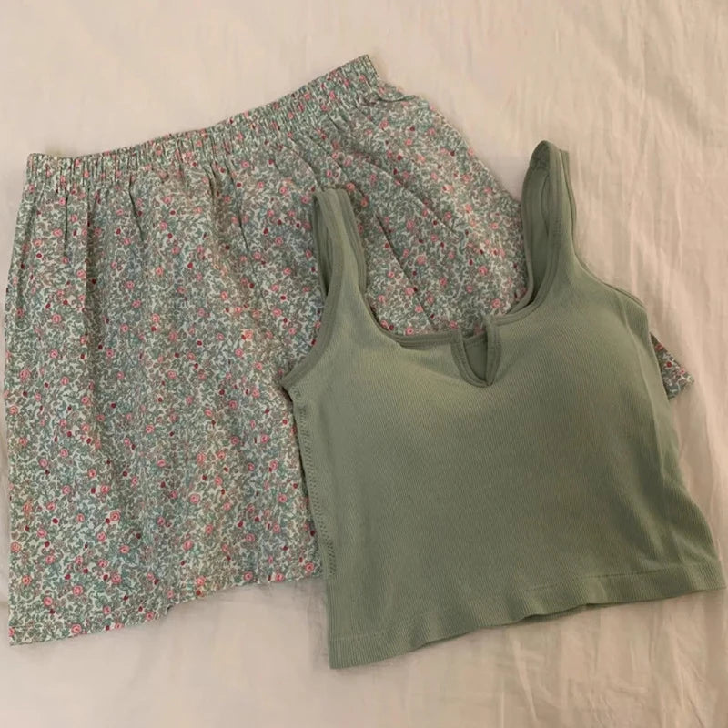 Korean Style Sexy Cute Little Emerald Flower Vest Women's Home Clothes With Chest Cushion Comfortable Cotton Pajamas Set