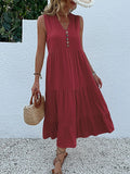Casual Summer Midi Dress Women Sleeveless Tank V Neck Buttons Ruffle Loose Dresses Beach Soild Sundress Fashion
