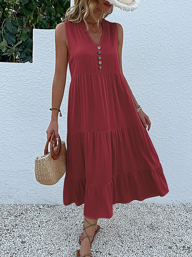 Casual Summer Midi Dress Women Sleeveless Tank V Neck Buttons Ruffle Loose Dresses Beach Soild Sundress Fashion