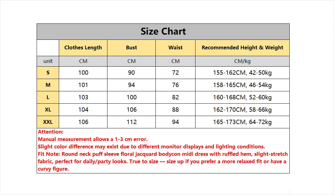 Women PuffSleeve CrewNeck LightBlue FloralJacquard RuffleHem BodyconMidi Dress Elegant Vacay Summer BeachBrunch Stretchy Dress