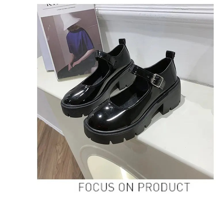 Lolita Shoes Japanese Girl Platform Black high heels fashion Round Toe Mary Jane Women Patent faux Leather Student Cosplay Shoes