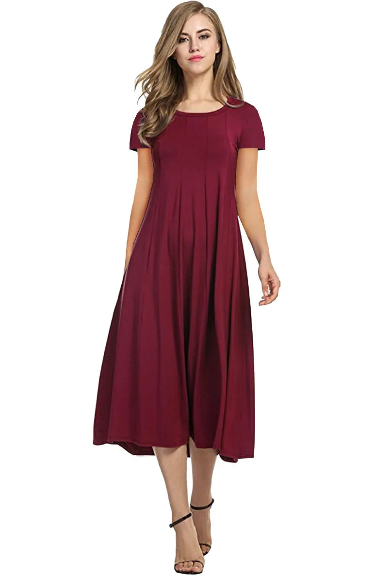 2024 Summer Women's Top Selling Round Neck Short Sleeve Solid Color Flare Dress