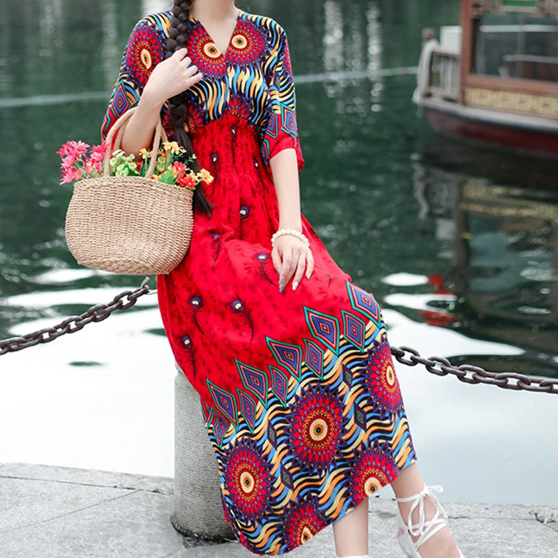 Colorful Flower V-neck Elastic Youthful Bohemian Sweet Midi Dress Woman Clothes Chic Fashion Summer Dresses 2025 Large Swing Ski