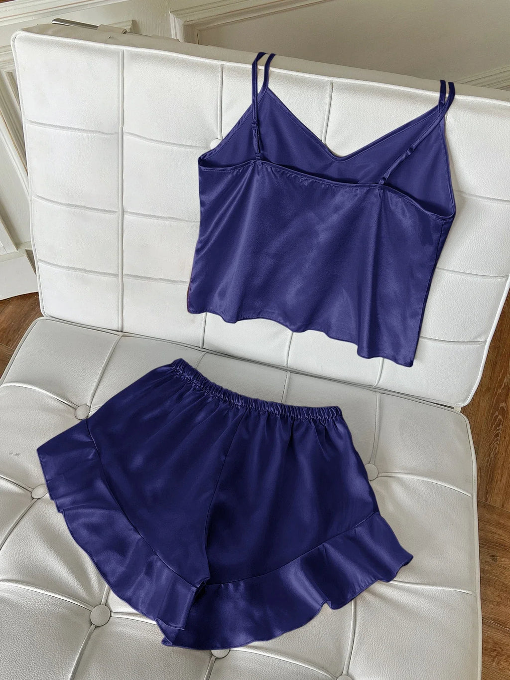 Solid Satin Pajama Set V Neck Cami Top Ruffle Shorts Women's Sleepwear Loungewear