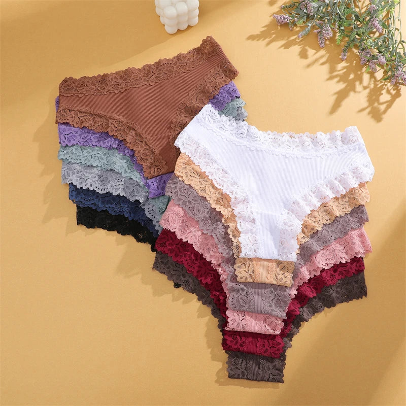 4PCS/Set Cotton Floral Lace Underpants for Women Sexy Striped Low-Waist Panties Girls Comfortable Briefs Trendy T-back Lingerie